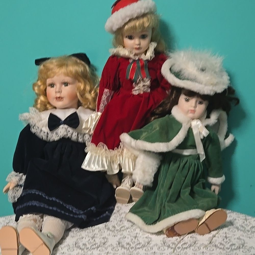 Vintage Y2K Signed Victorian Velvet Purse Brinn Porcelain Doll Lot 3 Sister